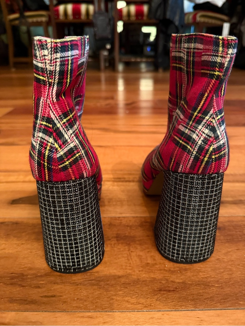 Betsey Johnson Red Plaid Block Heel Ankle Boots